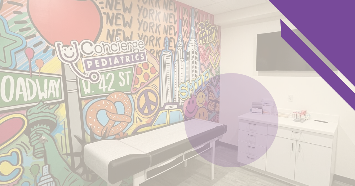 Colorful pediatric exam room at Concierge Pediatrics Short Hills, featuring a bright New York–themed mural with the Concierge Pediatrics logo, a medical exam table, and cheerful wall art that creates a welcoming environment for children